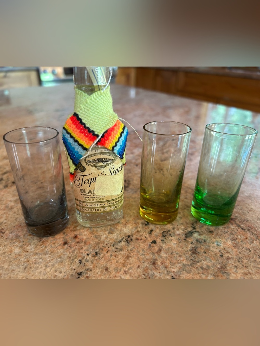 Sauza Blanco Mini Tequila Bottle dated 1960s w/3 Handblown Tequila Shot Glasses